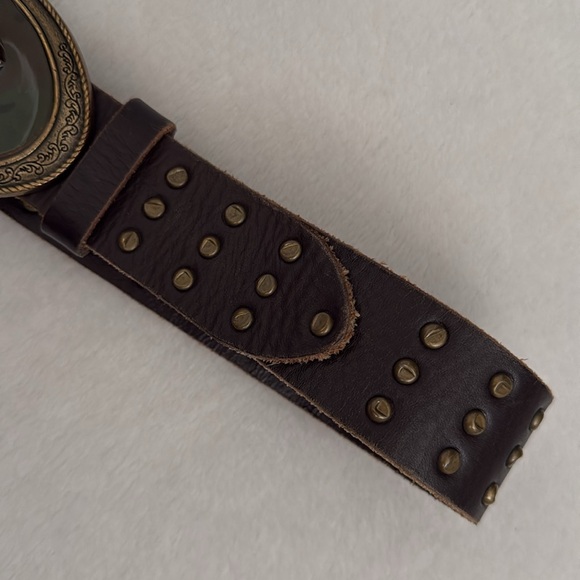 Faithful | Brown Leather Stud Belt Eagle Camouflage Hook Embossed Buckle (S) - Picture 5 of 15